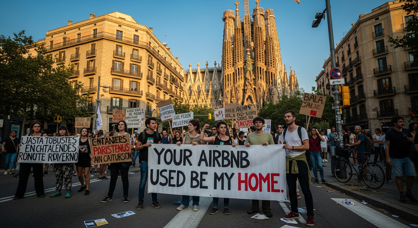 Protesters in Barcelona marching against mass tourism with the Sagrada Família in the background.