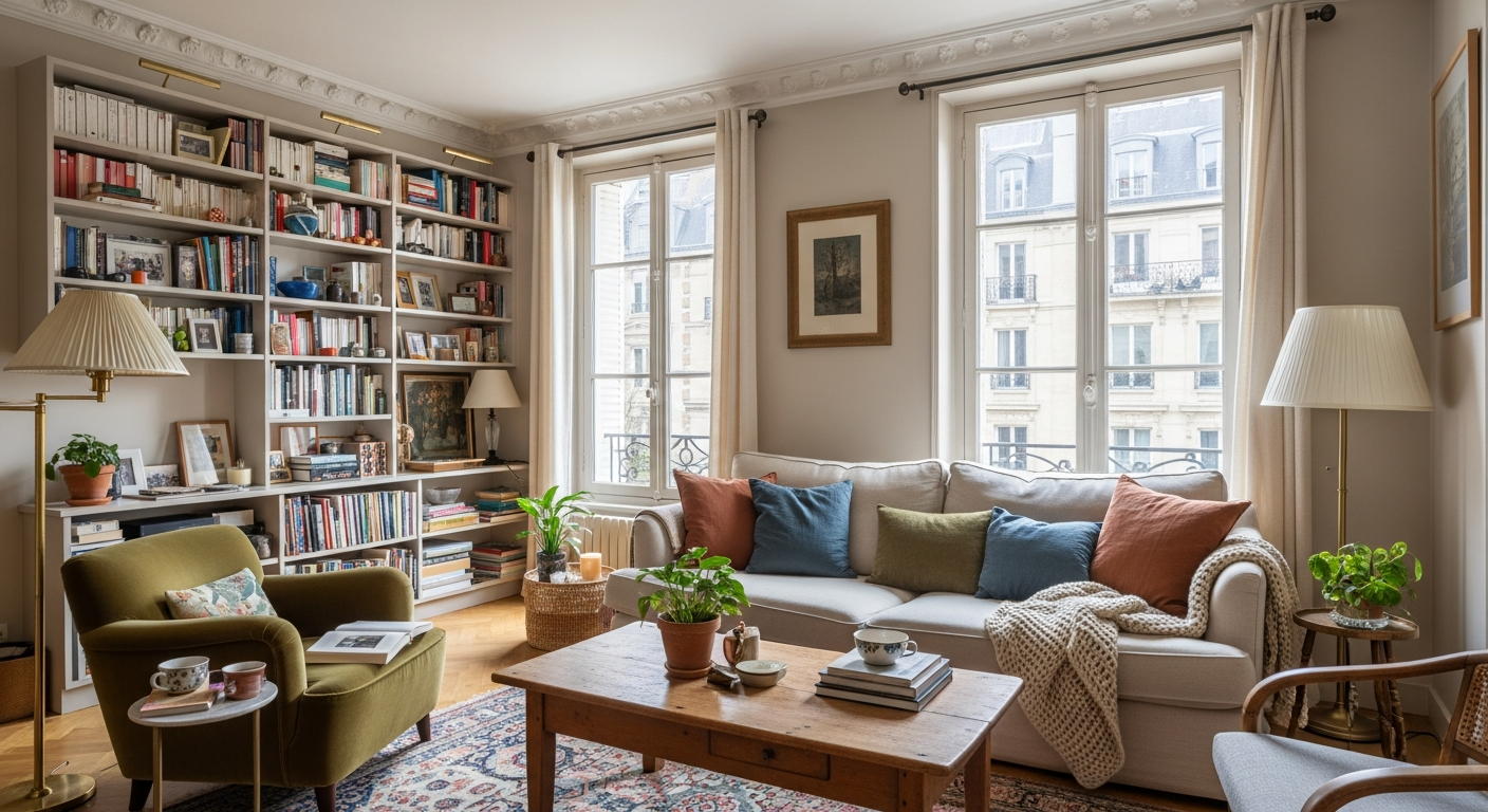 cozy Paris living room set up for in-home childcare